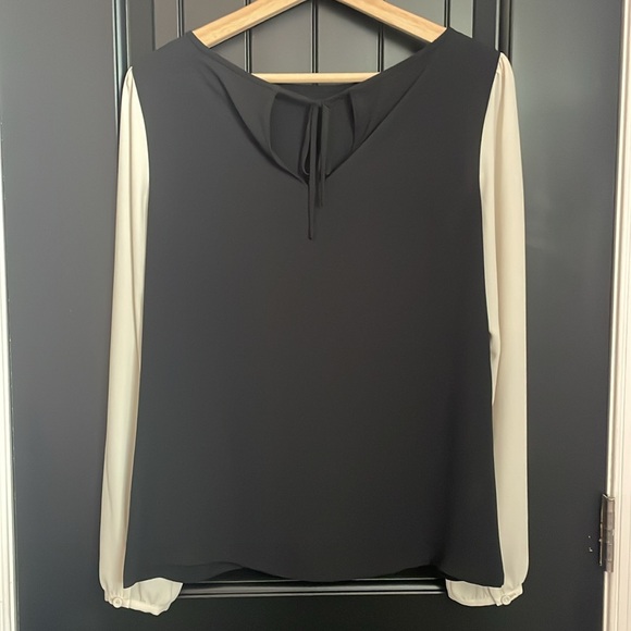 LOFT sheer, long sleeve black + cream color block blouse with back tie - Picture 2 of 7